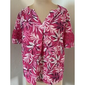 Como Blu Floral Lace Accent V-Neck Short Sleeve Blouse Pink S/P